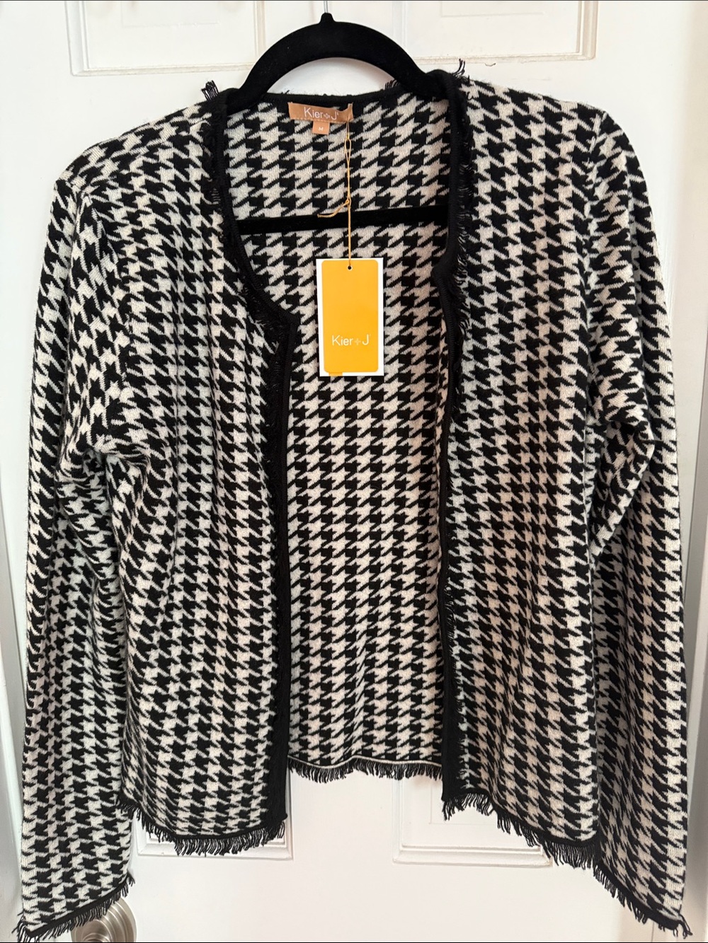 KIER + J Black and White Houndstooth Fringe Open-Front Cardigan